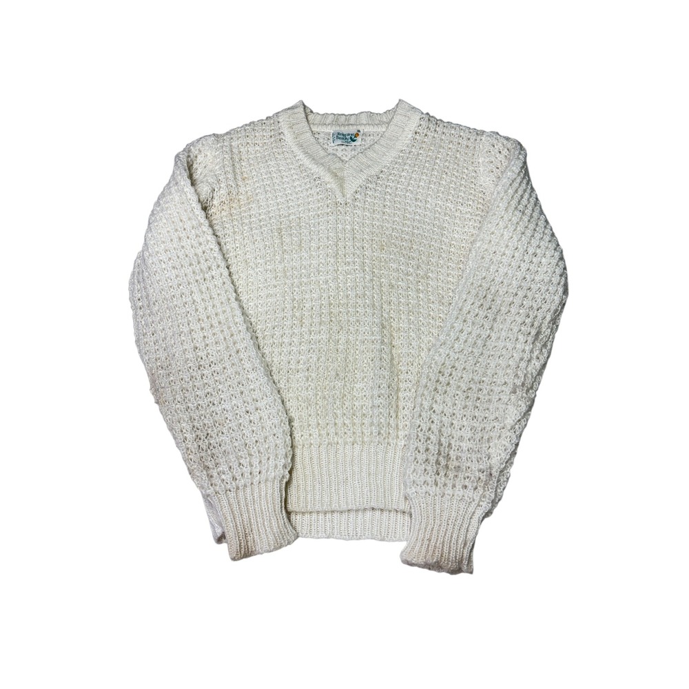Vintage Reigning Beauty Cream Wool V-Neck Open‎ Knit Sweater Womens Small